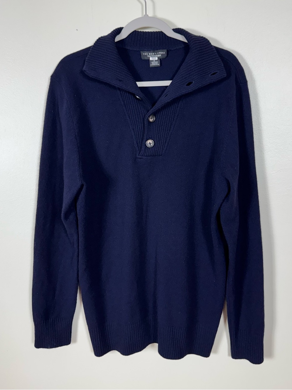 Bloomingdales Mens 100% Cashmere Button Pull Over Sweater Large Long Sleeve Navy